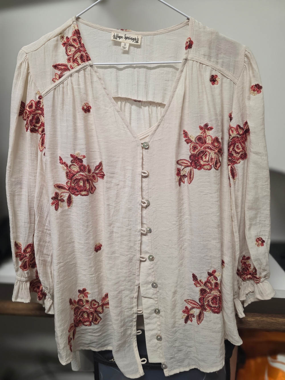 Embroidered Cream Button-Down Blouse with Red Floral Accents